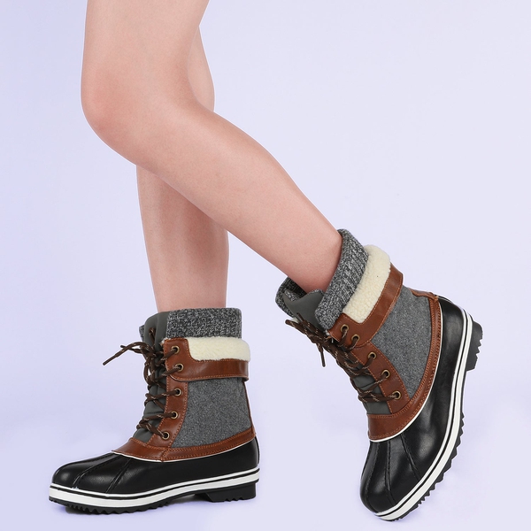 Mid Calf Lace Up Snow Boots - BLACK GREY - 1